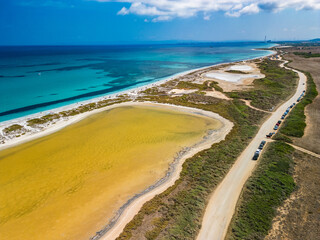 Aerial drone view of Pazzona Beach and Salt Lagoon, North Sardinia