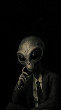 Extraterrestrial humanoid creature wearing a formal suit, posing thoughtfully against a dark space background
