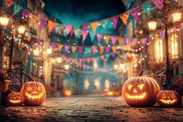 Festive halloween celebration: lights, pumpkins, and whimsical decor. Cinematic poster. Halloween bliss: colorful decor and twinkling lights creating joyful vibes. Hero poster. Scifi poster.