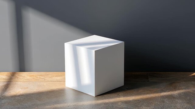 Geometric Simplicity: A stark white cube rests on a wooden surface, its form defined by shadows that accentuate its clean lines. This minimalist design offers a captivating study in form and light.