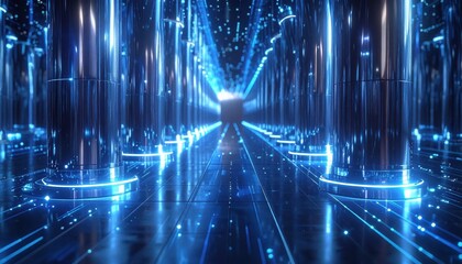 Futuristic hallway environment features numerous large, cylindrical, reflective pillars bathed in a cool, bright blue light, creating a sense of depth and advanced technology.