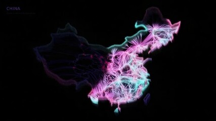 Abstract glowing digital map of china on black background - Powered by Adobe