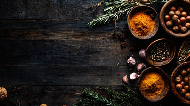Aromatic Collection of Spices Herbs and Nuts for Culinary Creations.