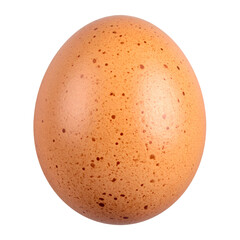 A close-up of a speckled, light-brown chicken egg, isolated on a black background