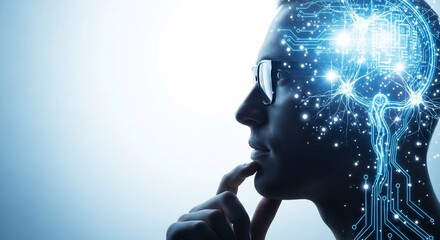 Intelligent man with glowing digital brain circuits contemplating future possibilities, symbolizing innovation and AI