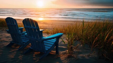 A tranquil beach scene at sunset with two Adirondack chairs facing the ocean. - Powered by Adobe
