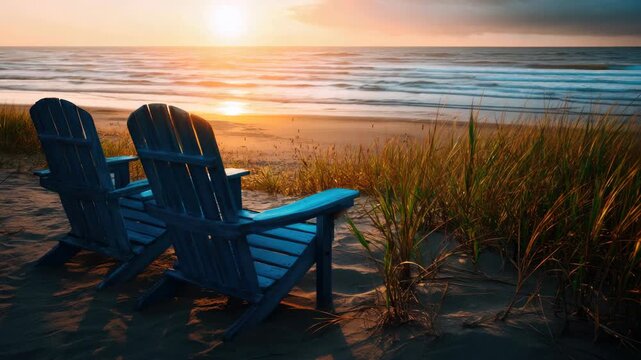 A tranquil beach scene at sunset with two Adirondack chairs facing the ocean.