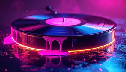 Illuminated record player features a sleek design, bathed in vibrant pink and blue neon light with dripping, viscous substance overflowing the sides, presenting a modern audiovisual composition.