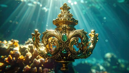 Ornate, golden, underwater sculpture with detailed filigree and emerald accents floats amidst the sunlit blue sea, coral reefs, and bubbles create a mesmerizing scene of submerged treasure.