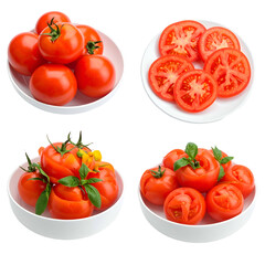 Four views of tomatoes whole, sliced, and with basil in white bowls against black