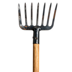 Close-up of a well-used, metal garden fork with a wooden handle, isolated on black