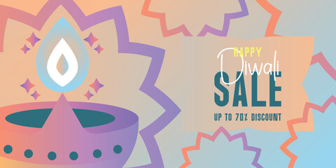 Stylized Diwali Sale banner featuring a large, modern diya with a flame-drop icon and sparkling accents. Includes a 70% discount offer on a subtle starburst pattern background.