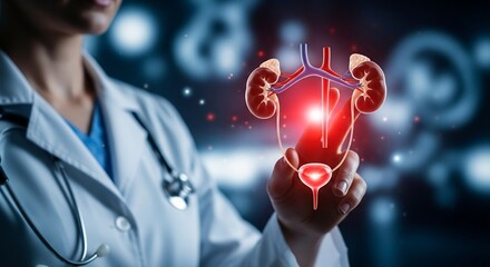 Confident medical professional highlights vital urinary system anatomy with glowing digital display for advanced healthcare presentations