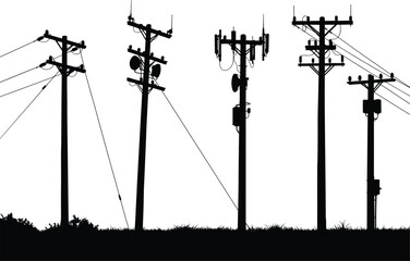 Silhouette of electric and telecommunication poles with antennas and power lines, vector illustration of urban energy and communication infrastructure