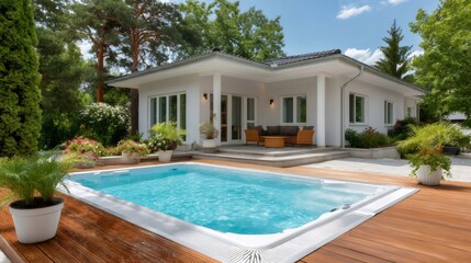 Fototapeta premium Modern bungalow house with swimming pool and wooden deck