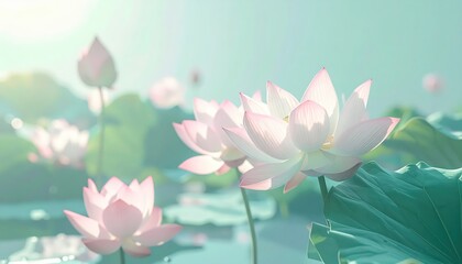 Delicate pink lotus flowers bloom gracefully upon the water's surface, creating a tranquil scene filled with soft light and subtle colors.