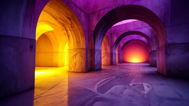 Mystical Arches and Radiant Light: A captivating interior showcases a series of majestic arches bathed in a symphony of vivid hues.