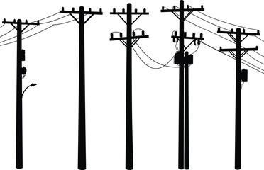 Utility pole silhouettes, electrical infrastructure design, power line structures, transformers and insulators, streetlight poles, urban electricity distribution, industrial engineering, 