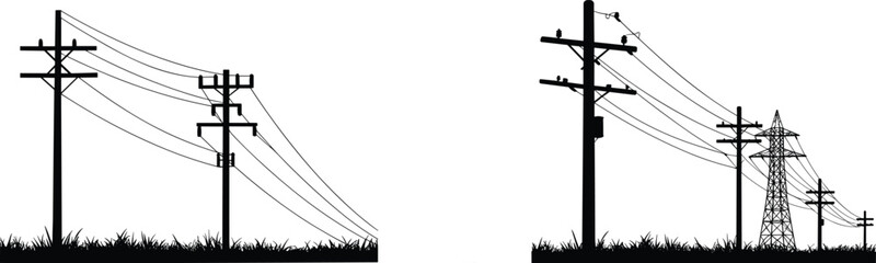Utility poles with power lines, transmission tower infrastructure, high voltage electricity distribution, rural and urban energy grid, electrical engineering, industrial power system