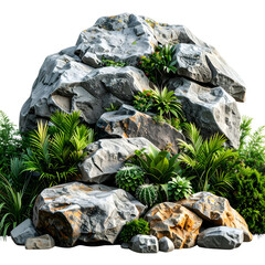 A layered rock formation with varied greenery, showcasing natural textures and colors