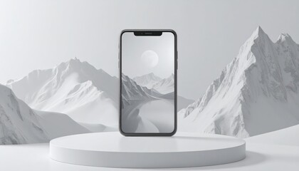 Modern smartphone rests on a white pedestal, displaying a monochrome landscape image, with detailed, snow-covered mountain peaks rising in the background and adding a serene, minimalist aesthetic.
