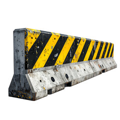 A weathered concrete barrier with diagonal black and yellow stripes, isolated on a dark background