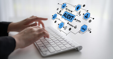 Close-up view of hands typing on a keyboard with a creative digital audit concept, featuring various icons that represent finance and compliance in a bright office space. Tessel