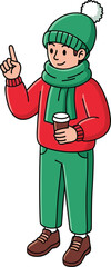 Cartoon person in winter outfit, holding hot drink, pointing upward, festive red sweater, green scarf, cheerful seasonal moment, white background