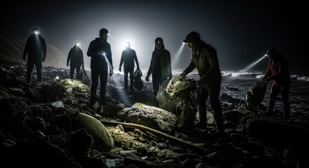 Group of people wearing headlamps and carrying flashlights actively cleans a dark ocean shoreline at night, diligently collecting harmful pollution and tangled marine debris.