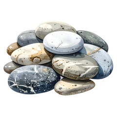 A watercolor-style illustration of a pile of smooth, rounded river stones with various colors