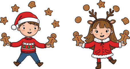 Cartoon children with gingerbread cookies, festive Christmas outfits, holiday baking scene, Santa hat, reindeer antlers, cheerful winter celebration, sweet treats