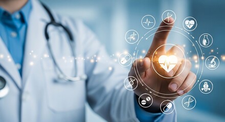 Doctor interacting with futuristic medical technology interface, touching glowing heart icon surrounded by health icons representing science and care