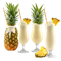 Tropical drinks featuring pineapples, creamy cocktails with pineapple wedges