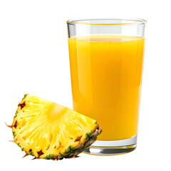 A glass of golden juice stands beside a slice of a tropical, spiky fruit on a black bg