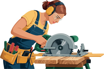 Female carpenter using bench table saw, close-up with safety details