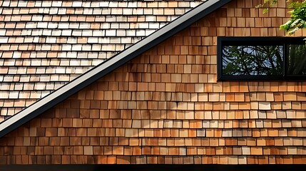 A facade made from cedar wood, with gray and natural warm wood tones contrasted, complemented by black window frames and steeply pitched and curved roofs, modern architectural photography