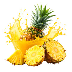 Juicy pineapple slices and whole fruit with splash of golden juice, black background