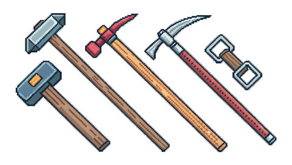 Pixel Tool and Pickaxe Set on White Background hammers, pickaxes, shovels, simple outlines, classic RPG mining style
