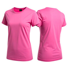 Front and back views of a plain, vibrant pink crewneck t-shirt on a dark background