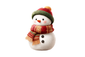 Cute snowman in a scarf and hat on a transparent background. New Year's decor. Soft texture. Design element.