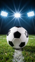 Fototapeta premium An evening match. A soccer ball on a green field under the bright stadium lights.