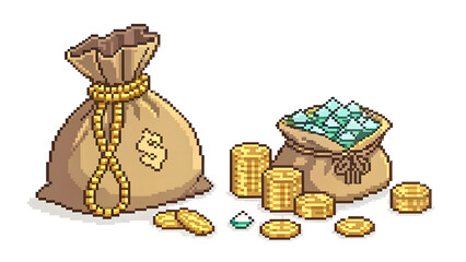 Pixel Treasure and Coin Bag Set on White Background gold bags, diamonds, piles of coins, isolated on white background