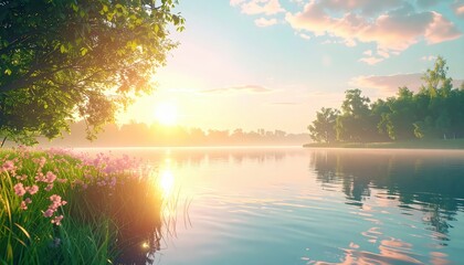 A tranquil landscape features a serene lake reflecting the golden sunlight during a sunrise.