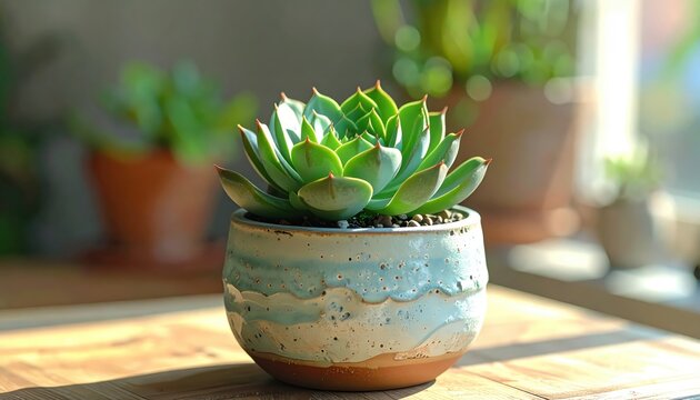 Vibrant succulent plant, featuring a rosette shape with green leaves, thrives in a decorative, handcrafted ceramic pot, set on a wooden surface, and illuminated by natural sunlight, alongside other...