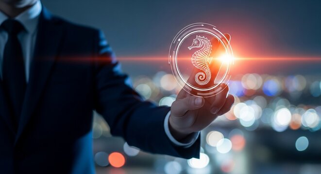 Visionary businessman interacts with futuristic seahorse hologram, symbolizing growth and innovation against a vibrant city skyline backdrop. - Powered by Adobe