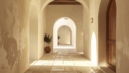 A long, sunlit hallway with arched doorways and textured walls leads toward a bright opening, creating a sense of depth and invitation.