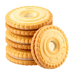 Stack of light-colored sandwich cookies with white cream filling. Close-up, isolated