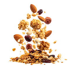 Assortment of nuts, granola, and dried fruit cascade from above against black