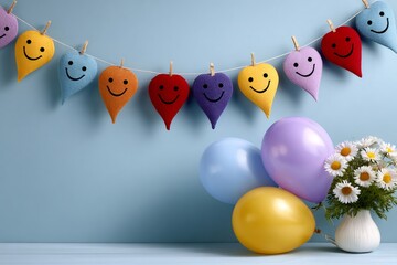 Colorful heart garland with balloons and daisies celebrating happiness