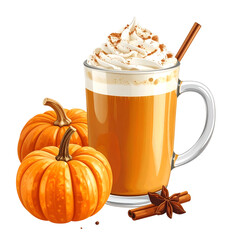 A pumpkin spice latte with pumpkins and spices. It's a cozy autumn themed illustration